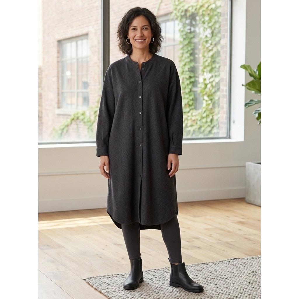 Eileen Fisher 100% Wool Button Front Shirt Dress Womens Large Charcoal Grey